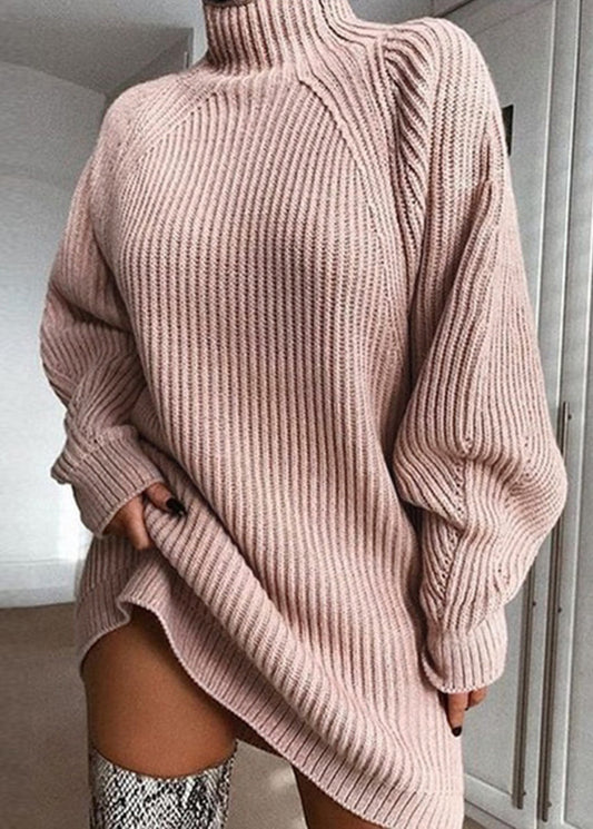 Style Pink Hign Neck Loose Knitwear Sweaters Dress Fall