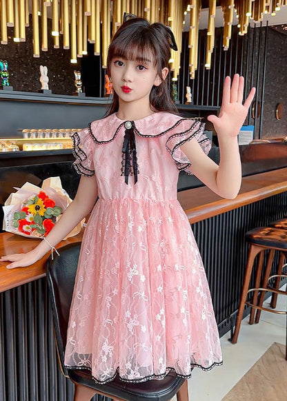 Style Pink O-Neck Bow Patchwork Tulle Kids Maxi Gowns Dress Summer