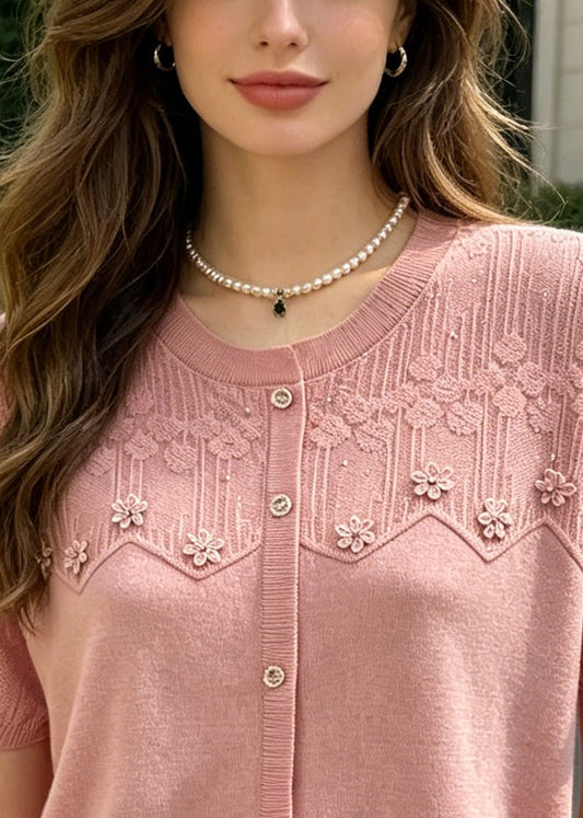 Style Pink O-Neck Patchwork Flower Knit Top Summer