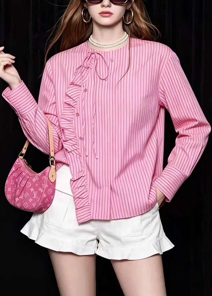 Style Pink O-Neck Ruffled Striped Shirts Long Sleeve