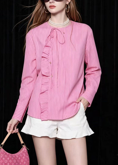 Style Pink O-Neck Ruffled Striped Shirts Long Sleeve