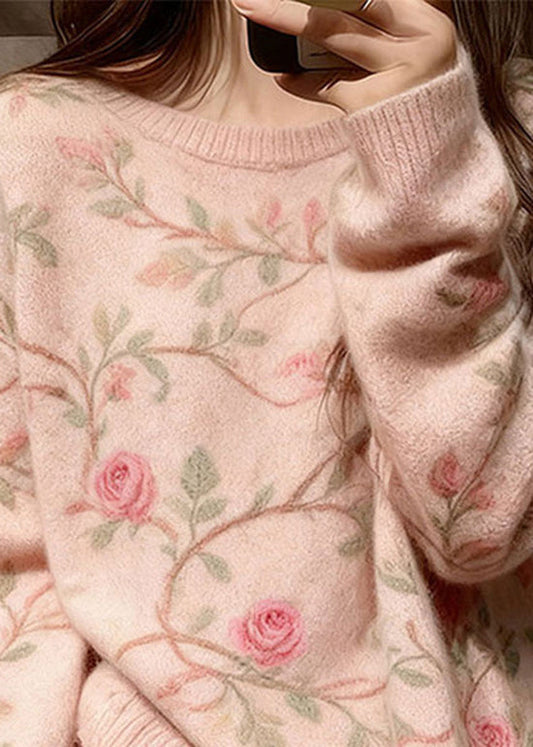 Style Pink O Neck Thick Floral Knit Sweater Tops Winter