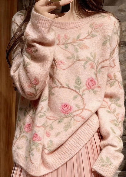 Style Pink O Neck Thick Floral Knit Sweater Tops Winter