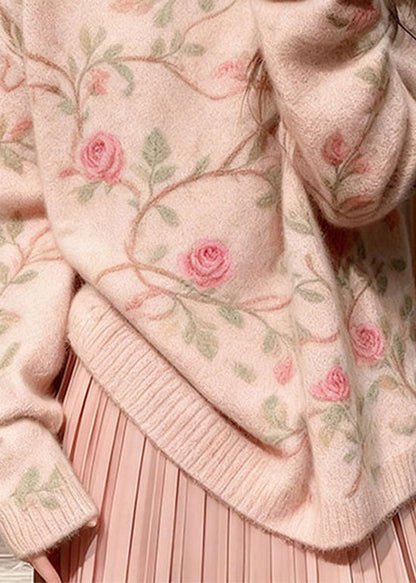Style Pink O Neck Thick Floral Knit Sweater Tops Winter