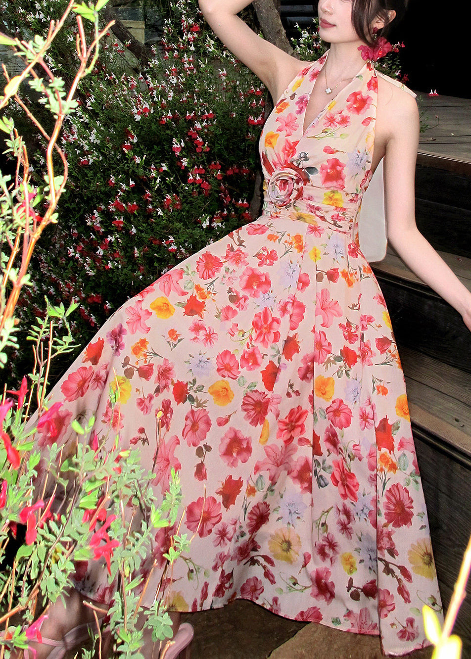 Style Pink Print Exra Large Hem Chiffon Halter Beach Dress Summer