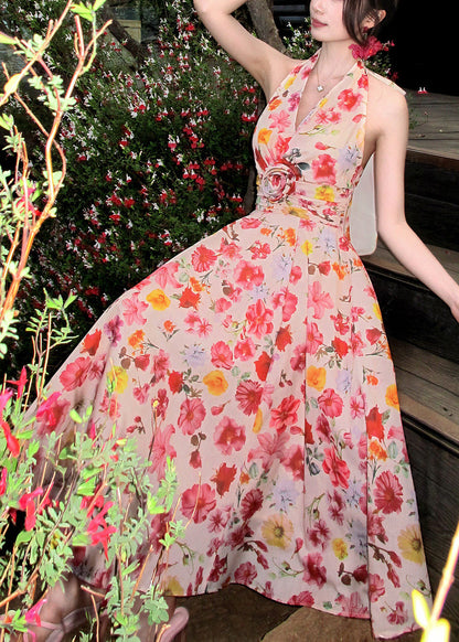 Style Pink Print Exra Large Hem Chiffon Halter Beach Dress Summer