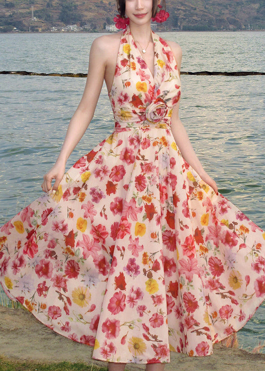 Style Pink Print Exra Large Hem Chiffon Halter Beach Dress Summer