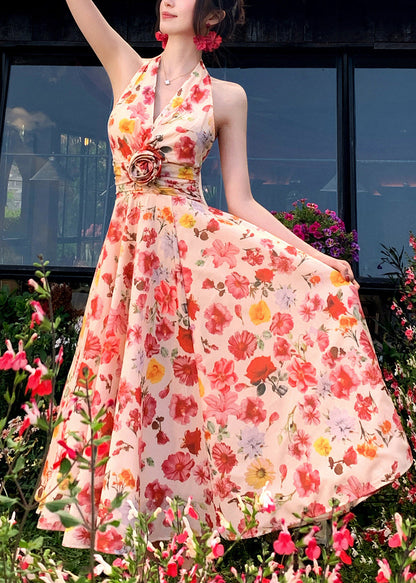 Style Pink Print Exra Large Hem Chiffon Halter Beach Dress Summer