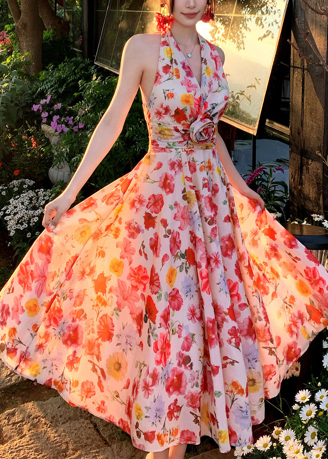 Style Pink Print Exra Large Hem Chiffon Halter Beach Dress Summer