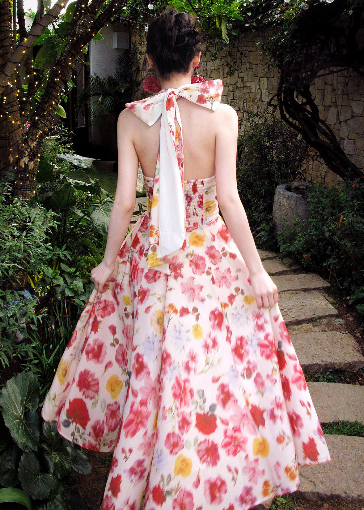 Style Pink Print Exra Large Hem Chiffon Halter Beach Dress Summer