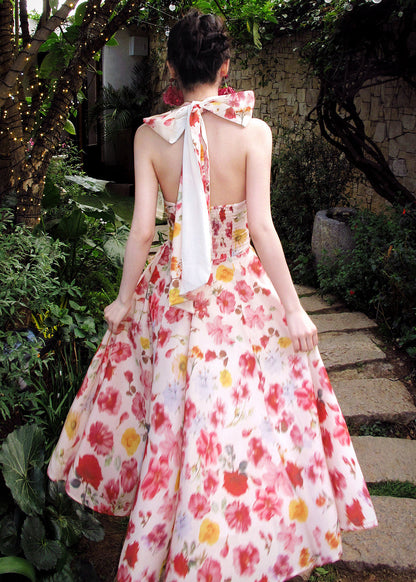 Style Pink Print Exra Large Hem Chiffon Halter Beach Dress Summer