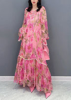 Style Pink Print Patchwork Chiffon Dress Long Sleeve