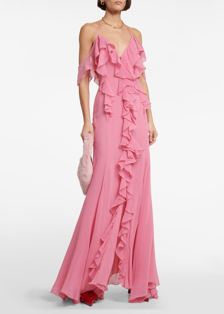 Style Pink Ruffled Backless Holiday Hatle Dress Summer