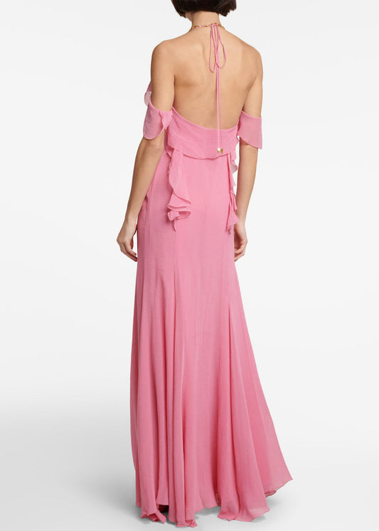 Style Pink Ruffled Backless Holiday Hatle Dress Summer