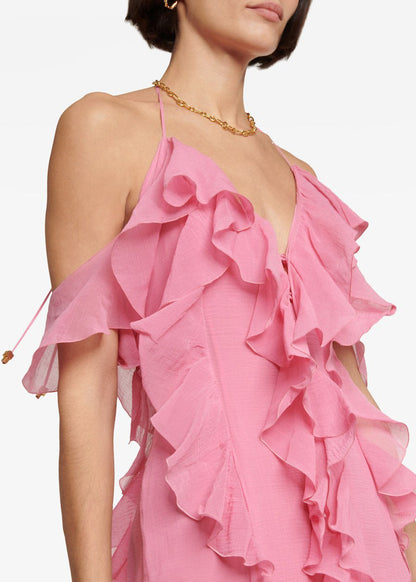 Style Pink Ruffled Backless Holiday Hatle Dress Summer