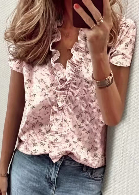 Style Pink Ruffled Print Cotton Shirt Short Sleeve