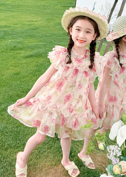 Style Pink Stand Collar Print Nail Bead Tulle Kids Mid Dress Summer