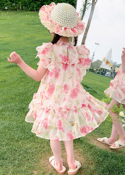 Style Pink Stand Collar Print Nail Bead Tulle Kids Mid Dress Summer