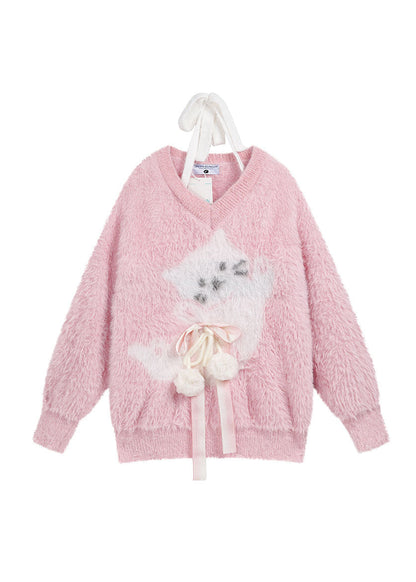 Style Pink V Neck Bow Ma Hai Mao Knit Sweaters Spring