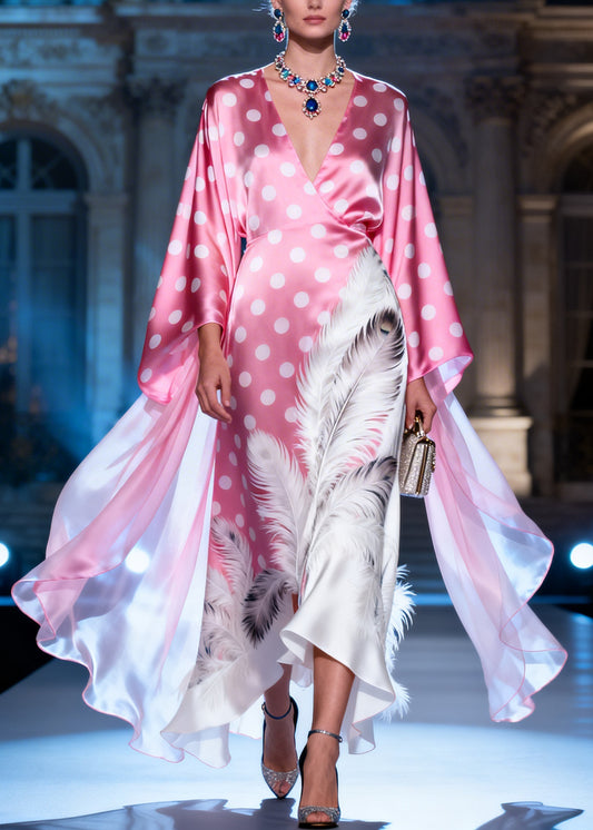 Style Pink V Neck Dot Feather Print Silk Long Dresses Summer