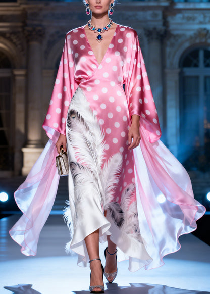 Style Pink V Neck Dot Feather Print Silk Long Dresses Summer