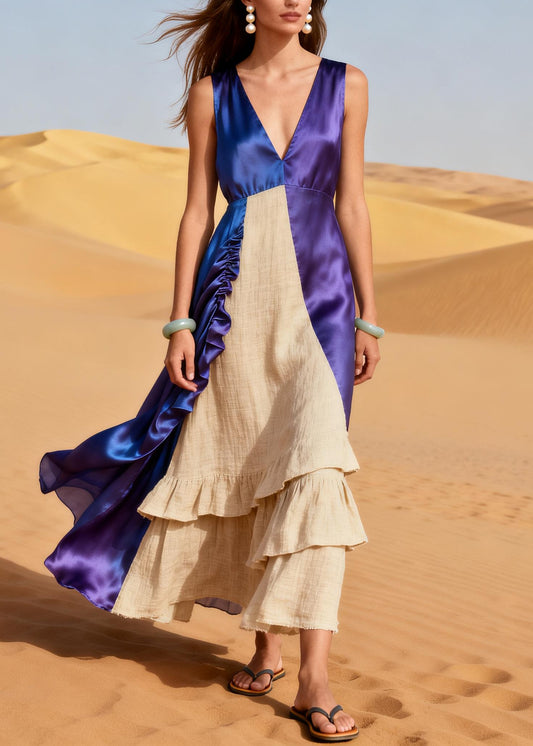 Style Purple Asymmetrical Patchwork Wrinkled Silk Dresses Summer