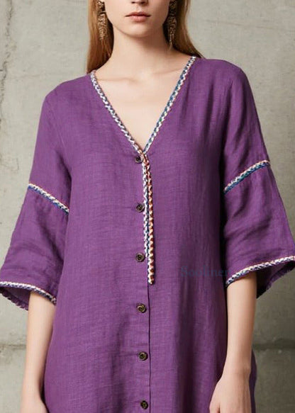 Style Purple Embroidered Button Cotton Long Dress Summer