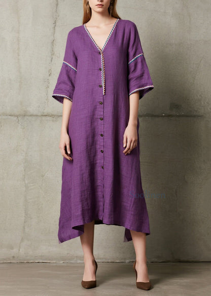 Style Purple Embroidered Button Cotton Long Dress Summer