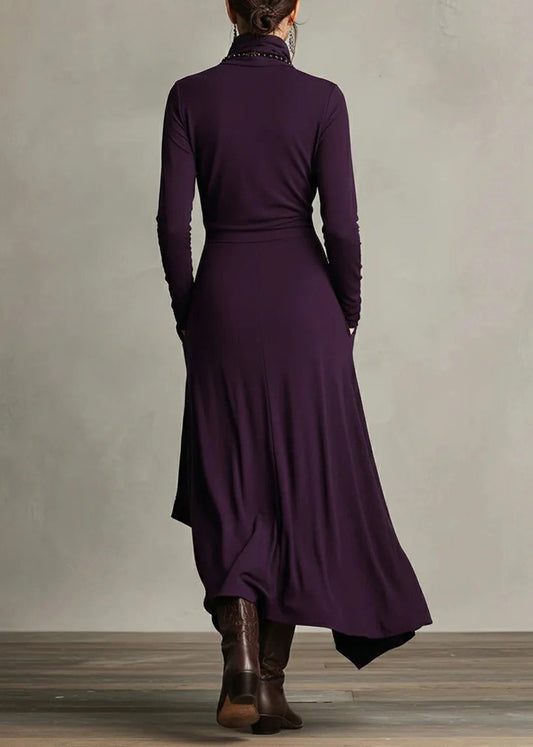 Style Purple High Neck Asymmetrical Cotton Long Dresses Fall