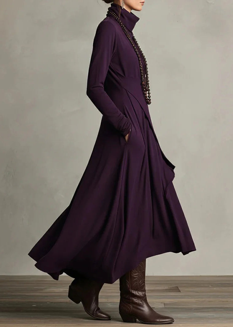 Style Purple High Neck Asymmetrical Cotton Long Dresses Fall
