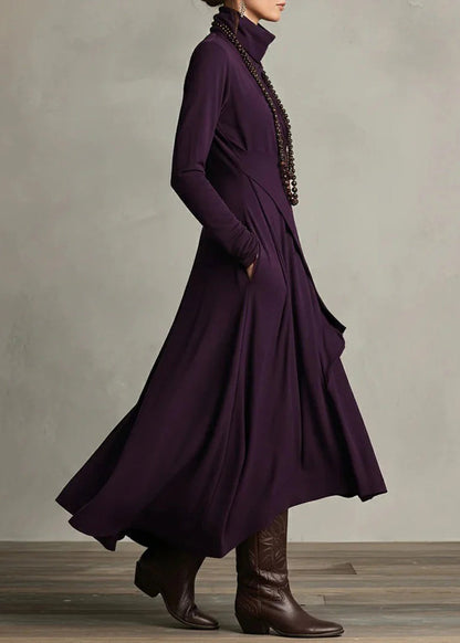 Style Purple High Neck Asymmetrical Cotton Long Dresses Fall