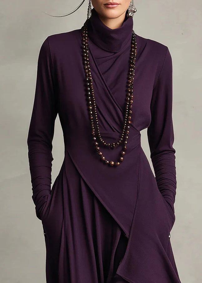 Style Purple High Neck Asymmetrical Cotton Long Dresses Fall