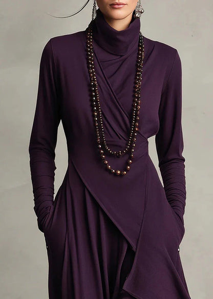 Style Purple High Neck Asymmetrical Cotton Long Dresses Fall