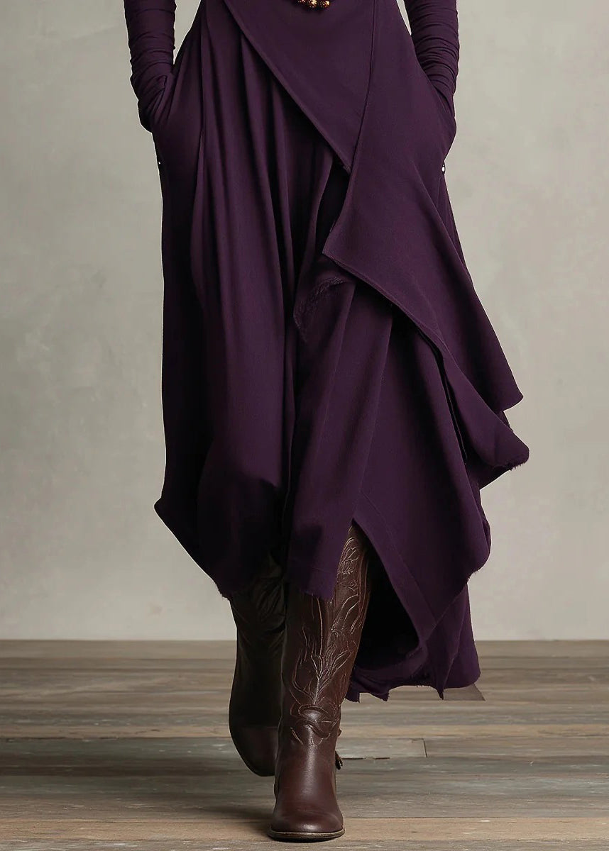 Style Purple High Neck Asymmetrical Cotton Long Dresses Fall