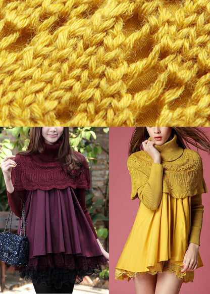 Style Purple Knit Patchwork Lace Winter Knit Dress