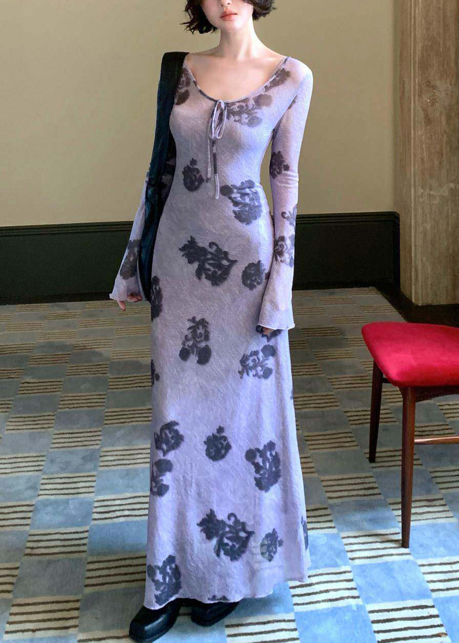 Style Purple O-Neck Print Tulle Long Dresses Two Pieces Set Fall