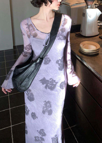 Style Purple O-Neck Print Tulle Long Dresses Two Pieces Set Fall