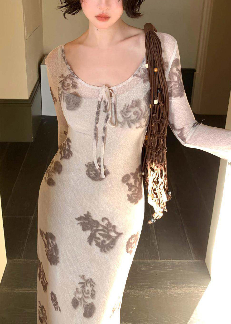 Style Purple O-Neck Print Tulle Long Dresses Two Pieces Set Fall