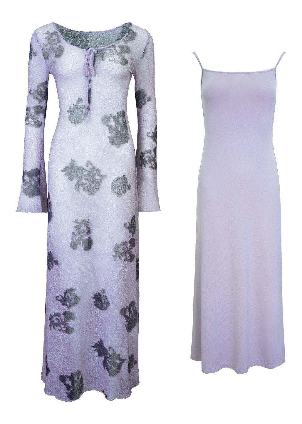 Style Purple O-Neck Print Tulle Long Dresses Two Pieces Set Fall