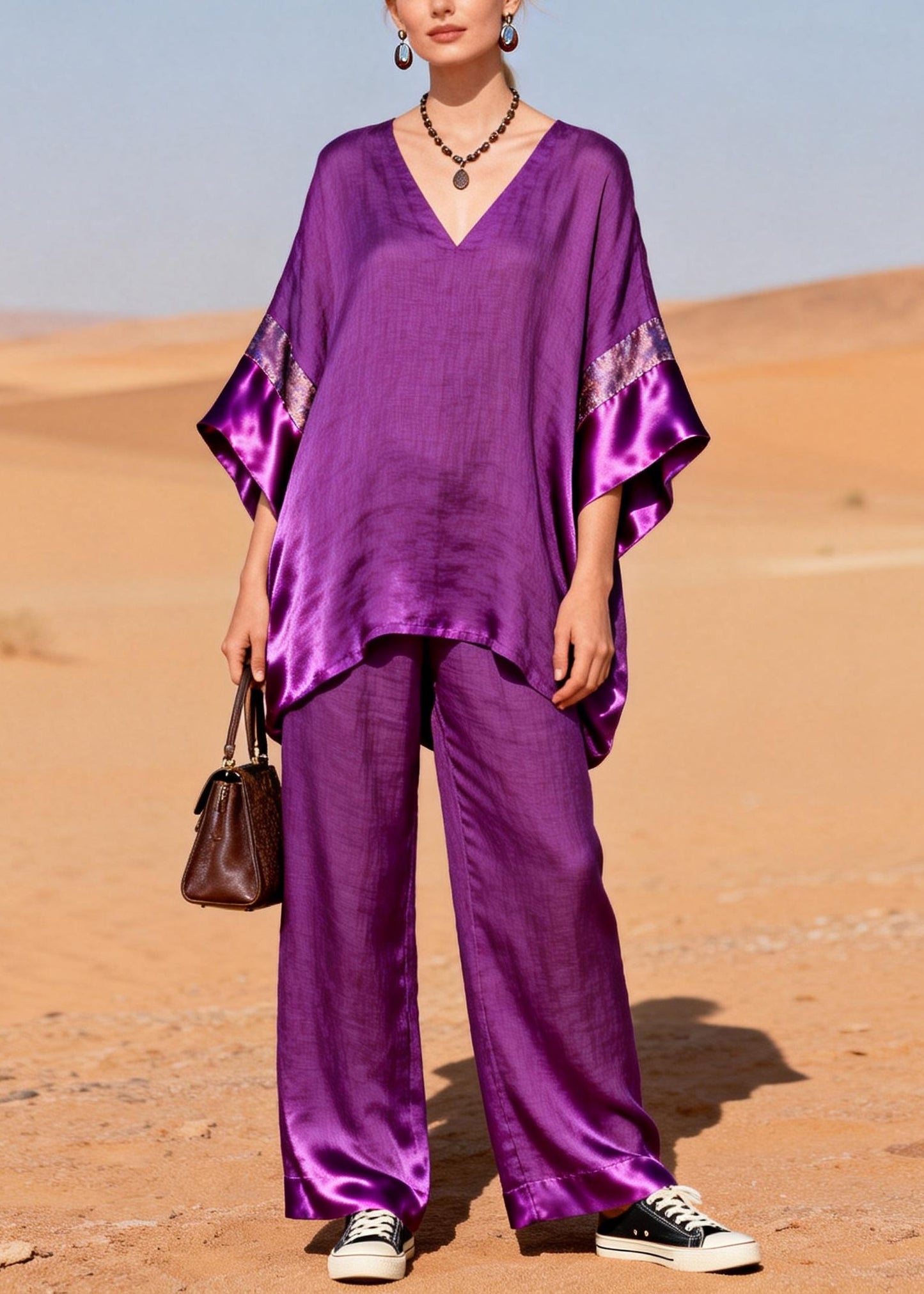 Style Purple Oversized Patchwork Silk Linen Two Pieces Set Summer