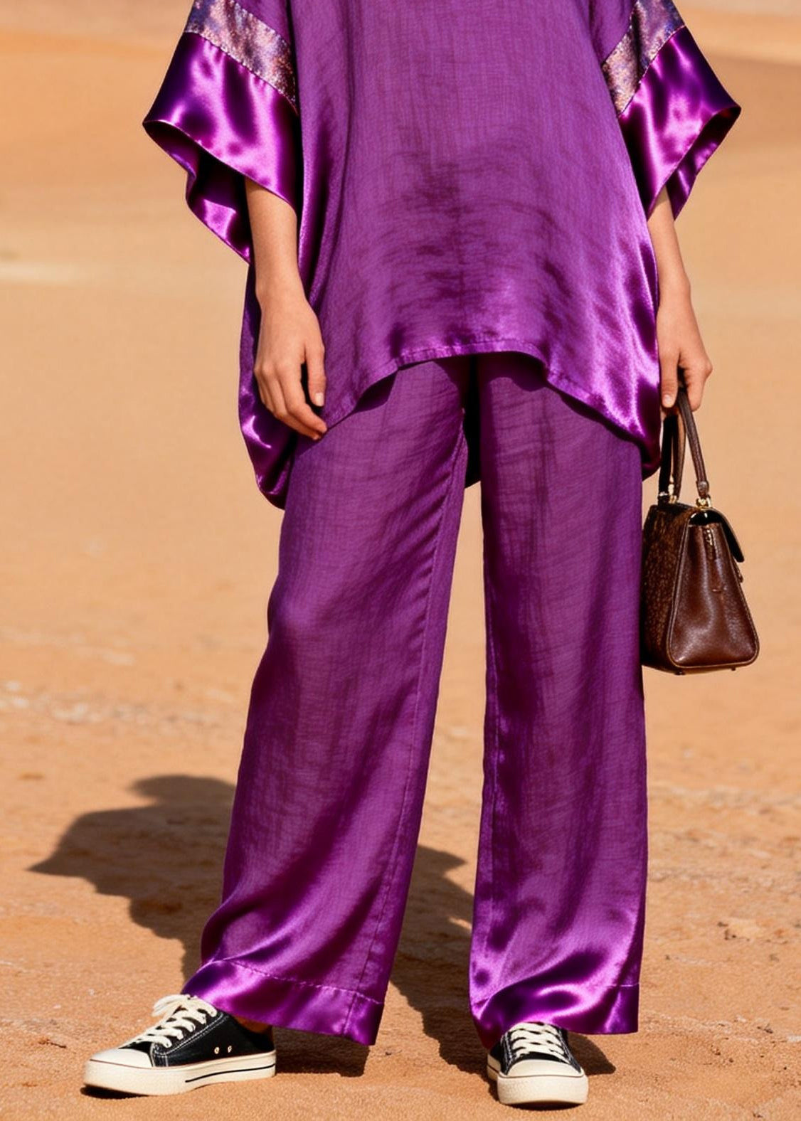 Style Purple Oversized Patchwork Silk Linen Two Pieces Set Summer