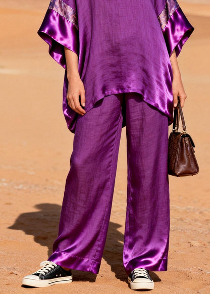 Style Purple Oversized Patchwork Silk Linen Two Pieces Set Summer
