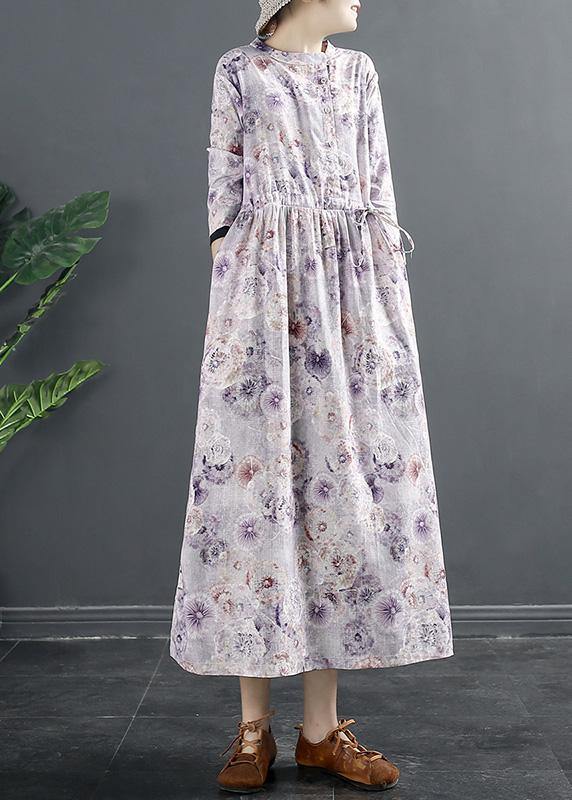 Style Purple Print Drawstring Art Dresses - SooLinen