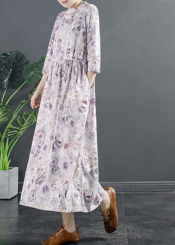 Style Purple Print Drawstring Art Dresses - SooLinen