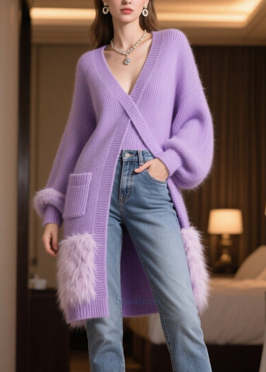 Style Purple Side Open Patchwork Faux Fur Long Knit Dress Winter