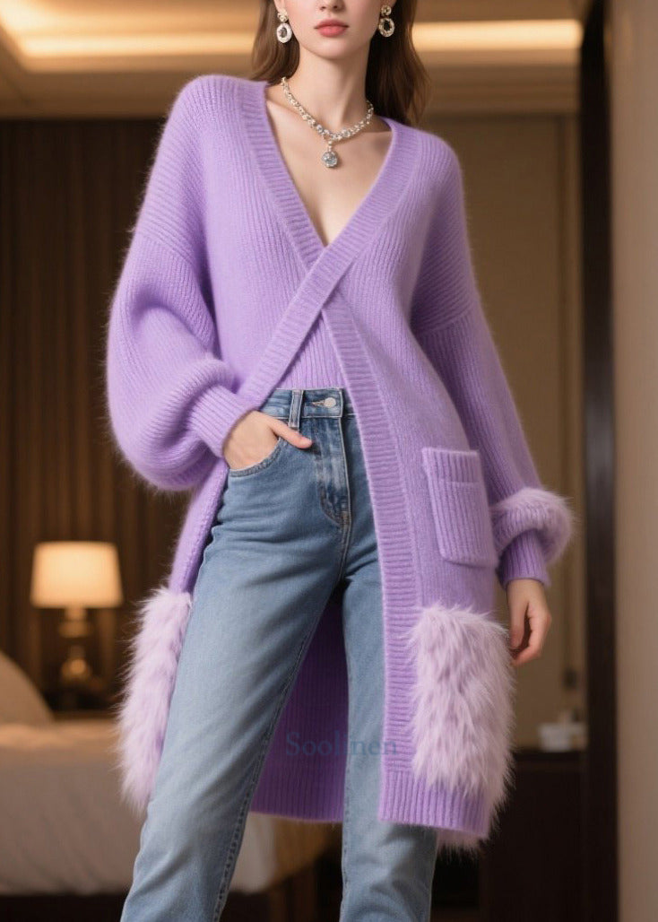 Style Purple Side Open Patchwork Faux Fur Long Knit Dress Winter