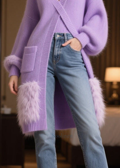 Style Purple Side Open Patchwork Faux Fur Long Knit Dress Winter