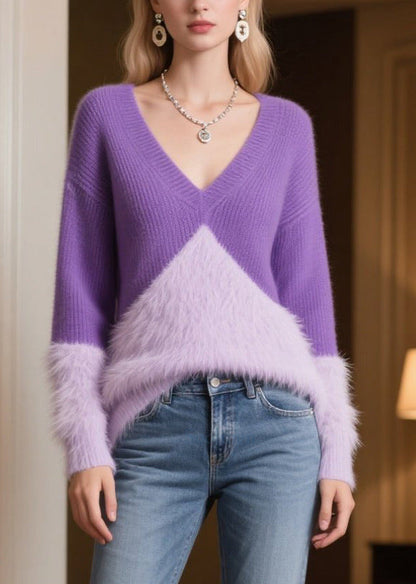 Style Purple V Neck Patchwork Faux Fur Sweaters Winter