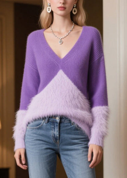 Style Purple V Neck Patchwork Faux Fur Sweaters Winter