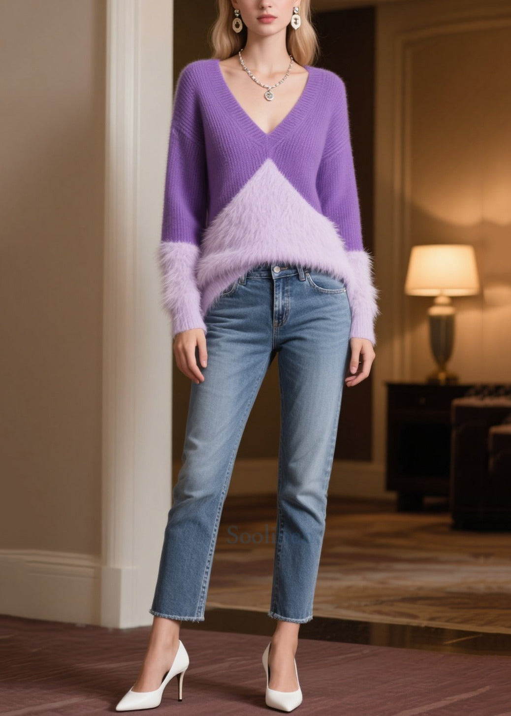 Style Purple V Neck Patchwork Faux Fur Sweaters Winter